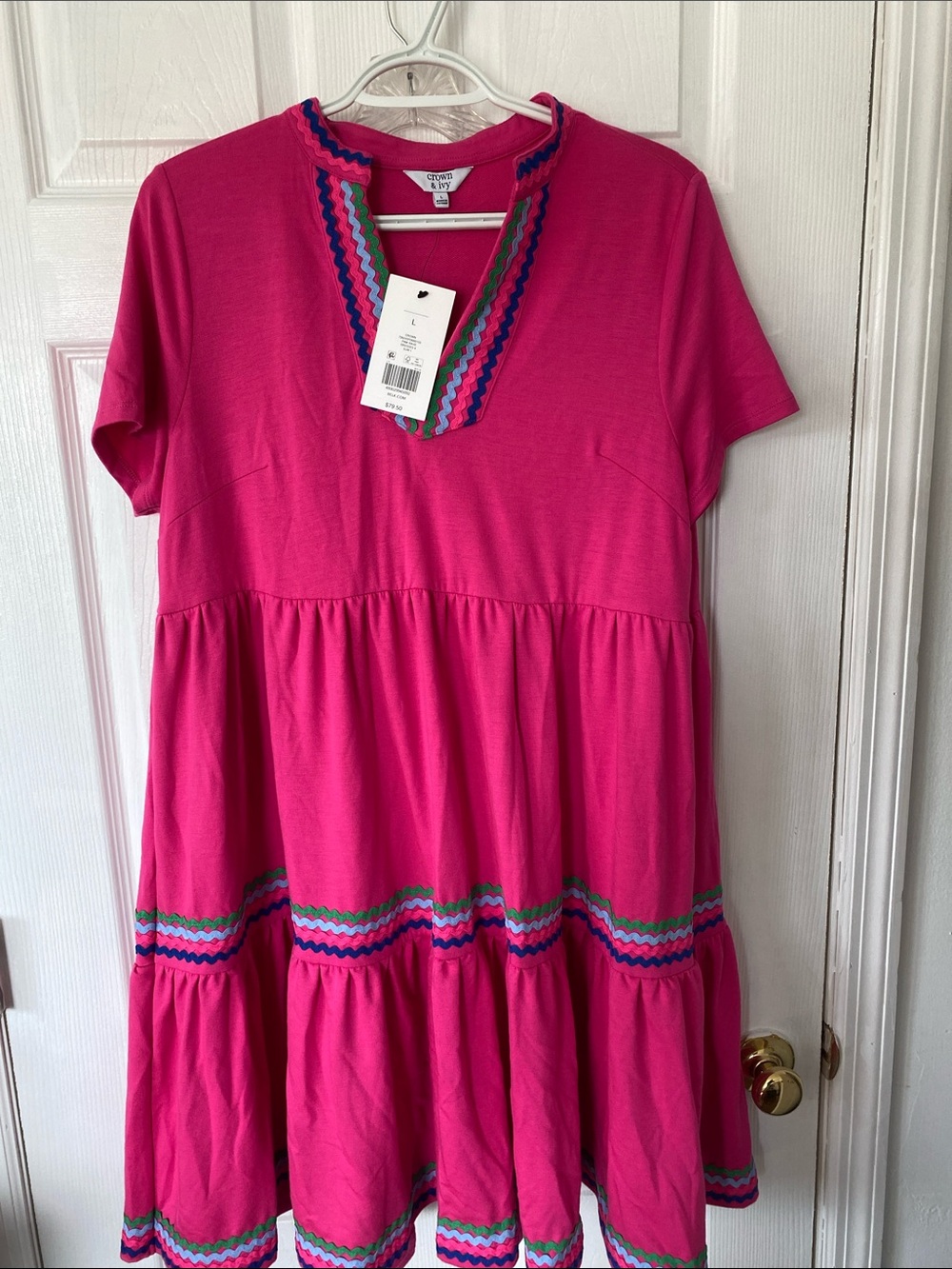 crown & ivy Hot Pink Tiered Midi Dress with Multicolor Trim